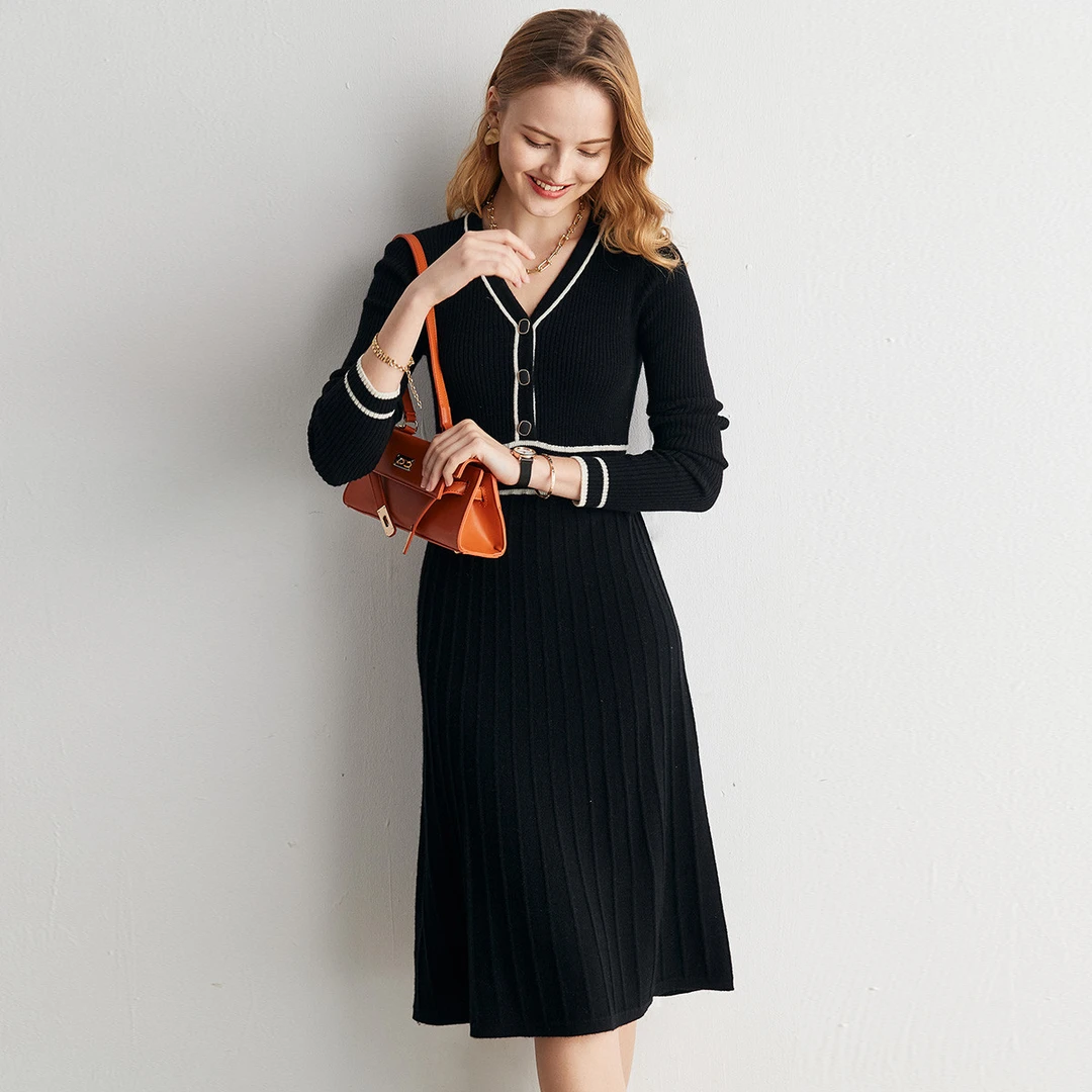 PALUOPO/帕罗撞色V领显瘦收腰柔软羊绒连衣裙女 ET20009R-A