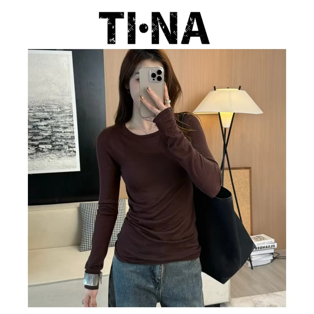 TINA【洛月】修身薄款针织衫女春秋款圆领长袖打底衫QX3104