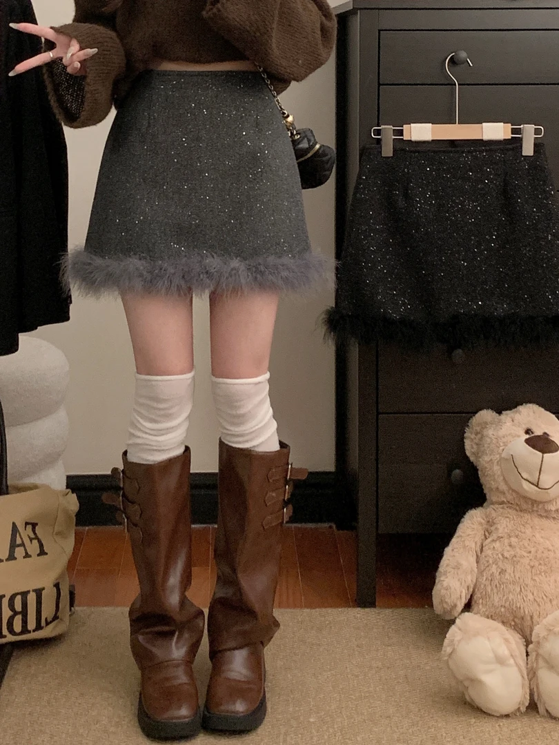 小香风闪闪亮片半身裙女冬季百搭a字包臀裙设计感拼接毛毛短裙子