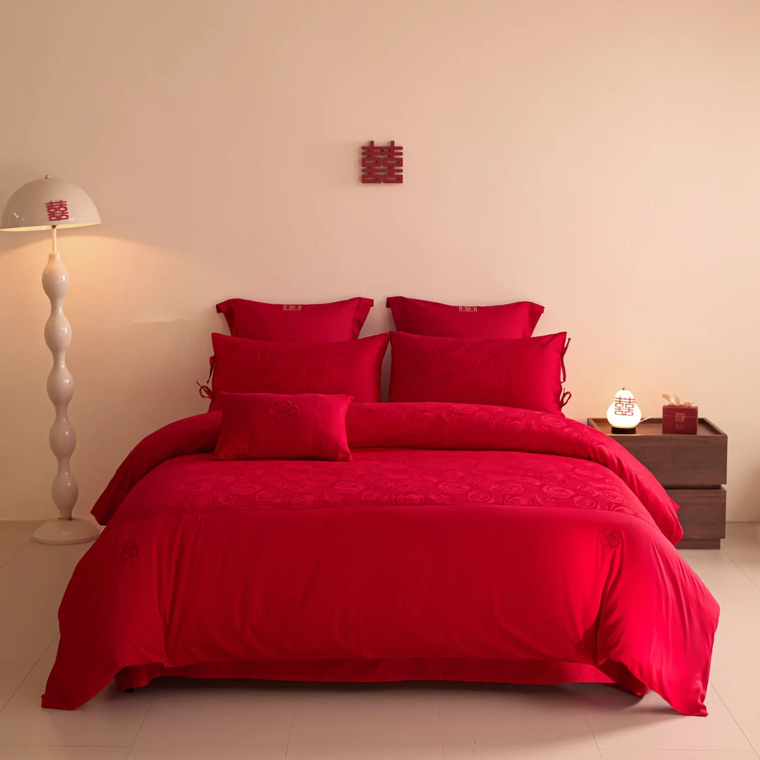 水星高端系列家纺 2025新款A类纯棉80支 亲肤款刺绣婚庆健康套件