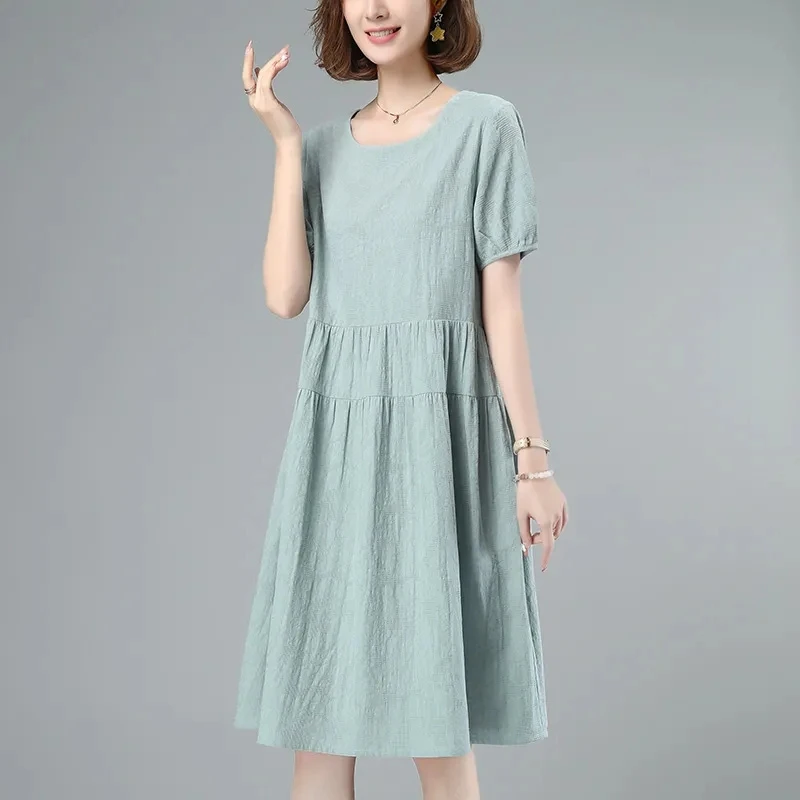 棉麻提花短袖连衣裙女装夏季2025新款中年妈妈休闲宽松显瘦大码群