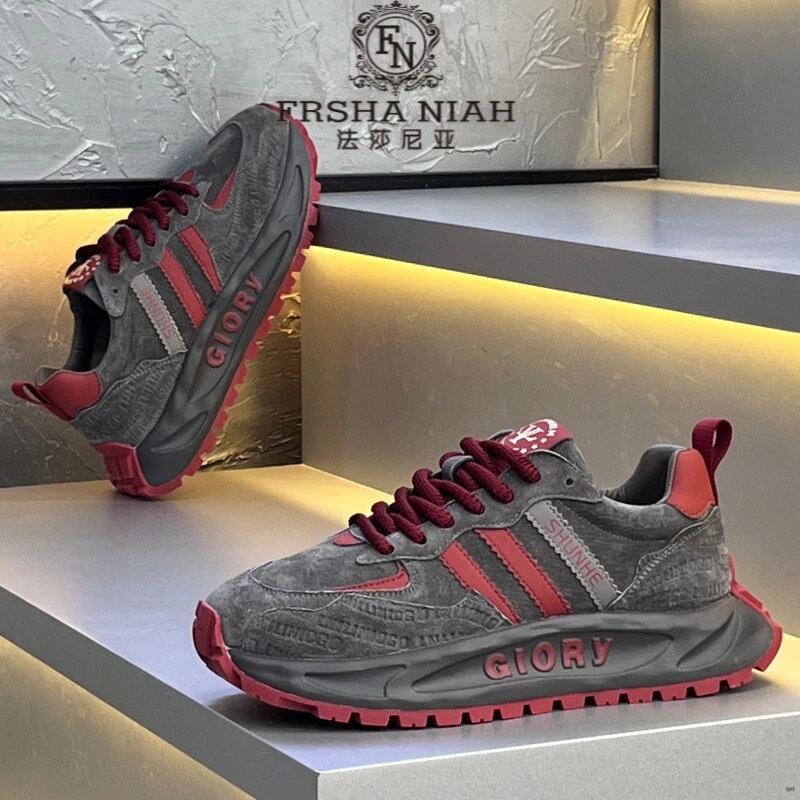 法莎尼亚轻奢男鞋秋季新款复古百搭休闲鞋皮面透气厚底增高老爹鞋