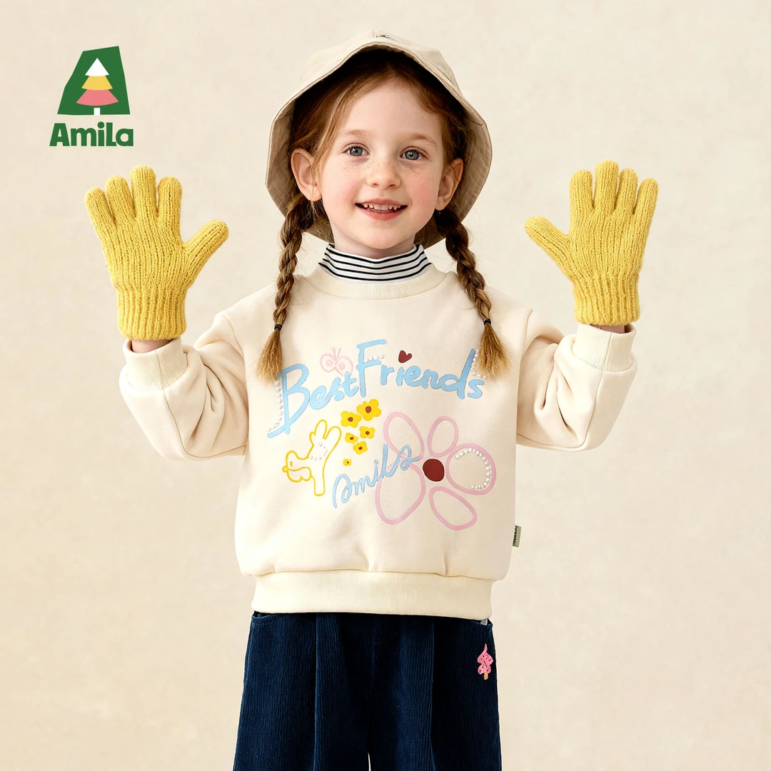 Amila啊咪啦2025冬季新款假两件条纹半高领女童卫衣绒衫XD5WY512