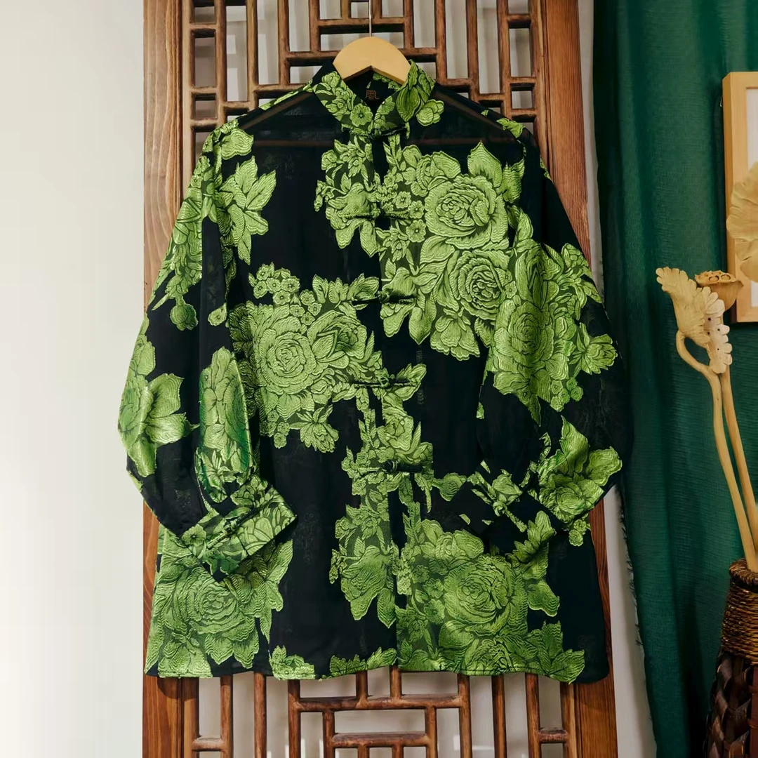 （LS658-1）凤徕兮私人定制黑底绿牡丹花暗纹衬衫袖对襟盘扣外套