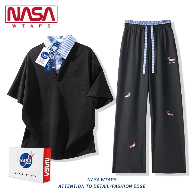 NASA WTAPS假两件短袖polo衫套装男夏季腊肠狗休闲直筒裤痞帅男装