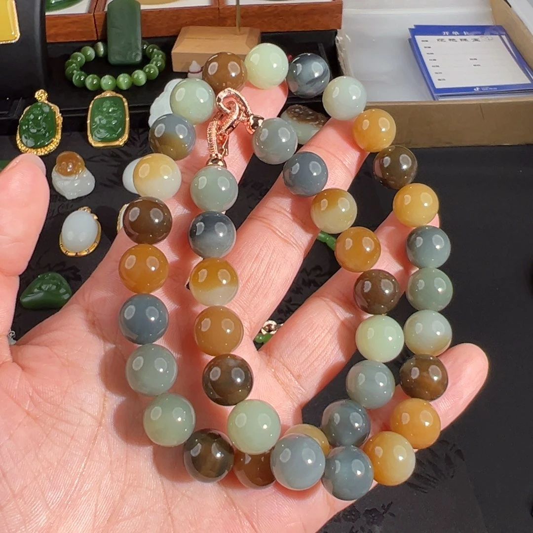 和田玉未镶嵌颈饰新疆山料楼兰三彩女神项链12mm