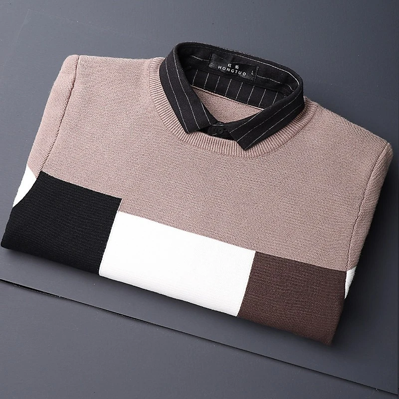 轻奢假两件毛衣针织衫男毛衣秋冬毛线衣内搭打底上衣1923111