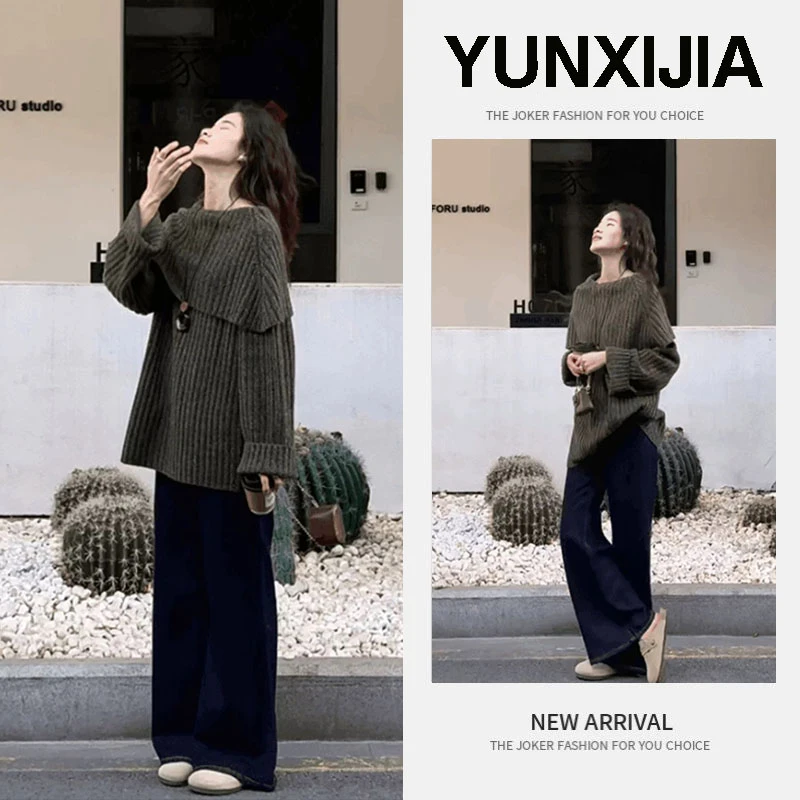 2025春季新款设计感慵懒风套头大翻领针织衫上衣牛仔裤啊两件套