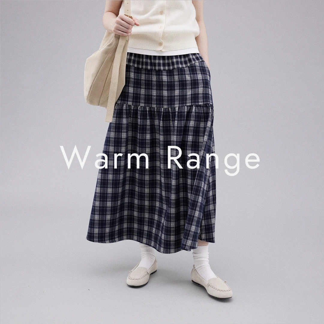 Warm Range 层次感黑白格纹半身裙秋冬新款复古英伦A字中长裙子女