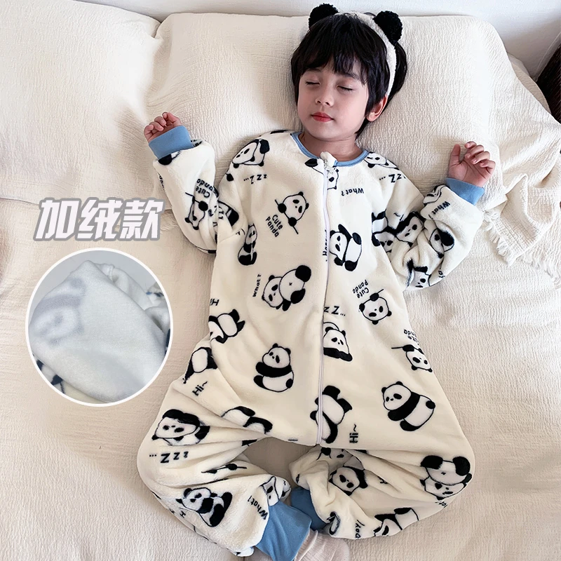 儿童连体睡衣法兰绒加绒加厚男女童宝宝珊瑚绒家居服防踢睡袋
