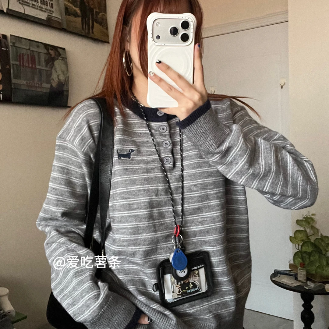 爱吃薯条【腊肠狗】韩系ins风秋冬百搭条纹宽松长袖针织薄毛衣