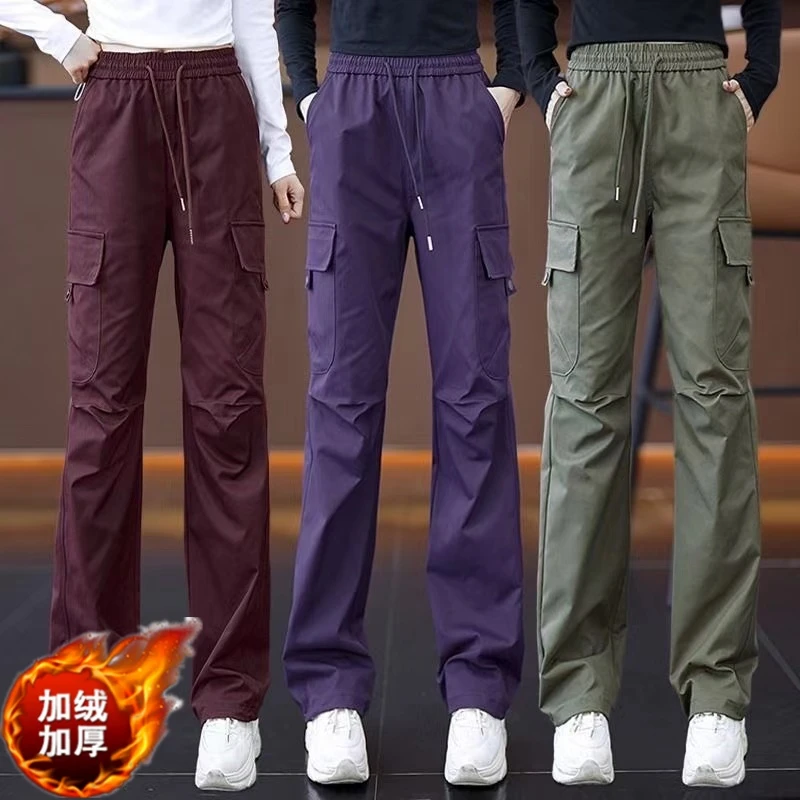 秋冬加绒新款高腰工装裤女休闲宽松显瘦抽绳直筒美式阔腿运动裤女