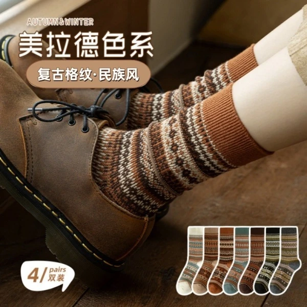 复古撞色条纹袜子女款爆款2025新款纯棉中筒袜女式秋冬文艺堆堆袜