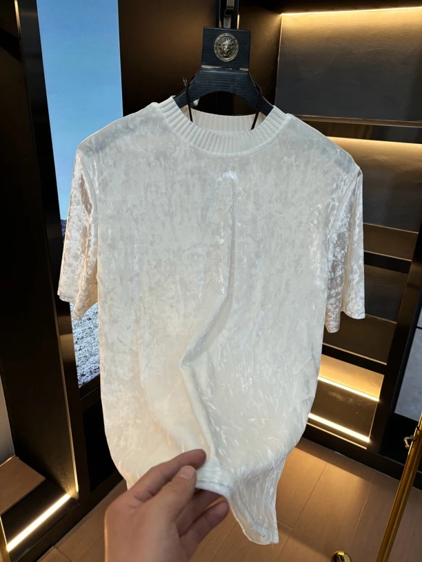 2529夏季新款冰丝绒潮牌轻奢欧货男装短袖高端美式上衣百搭