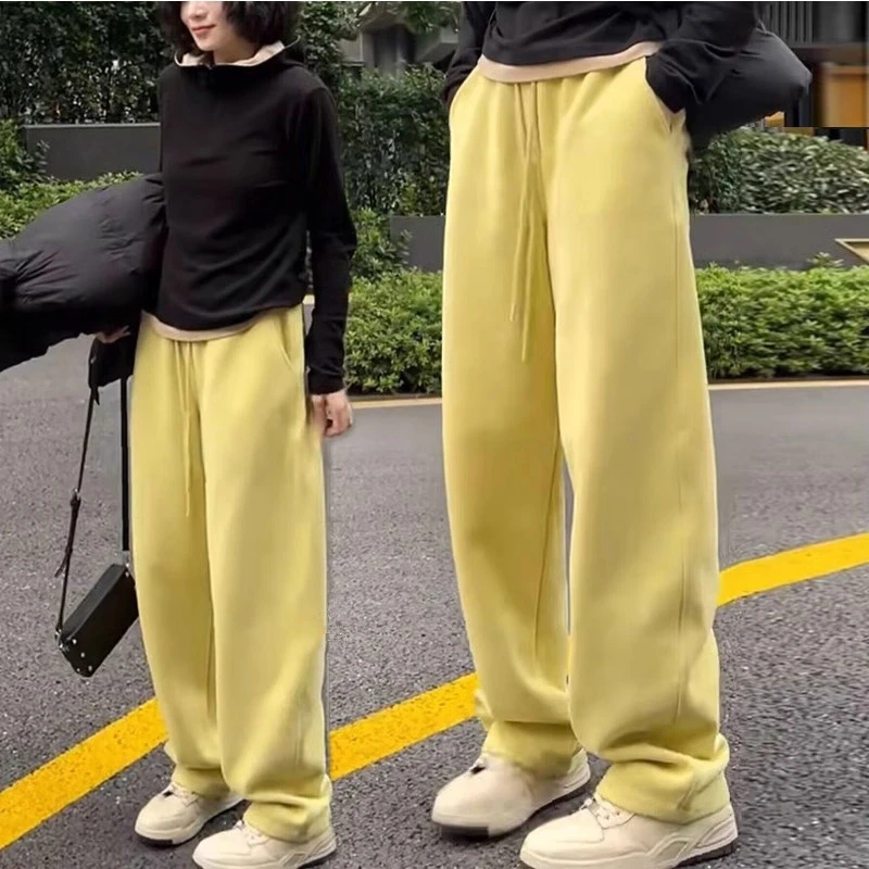 2025春秋极简宽松显瘦休闲黄色加绒阔腿裤子高腰百搭直筒加厚卫裤
