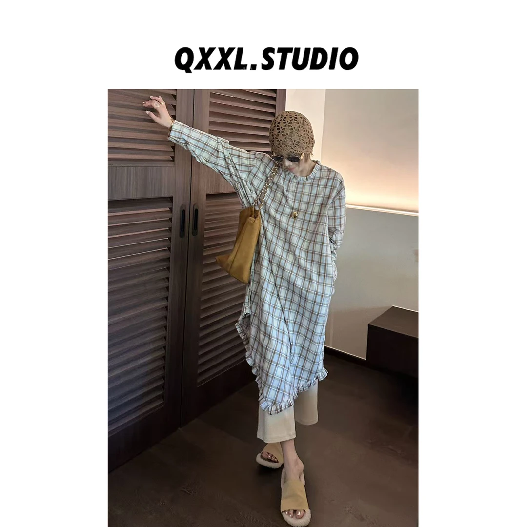 邱小小丽呀 早秋复古不规则格纹连衣裙女小众不撞款宽松显瘦长裙