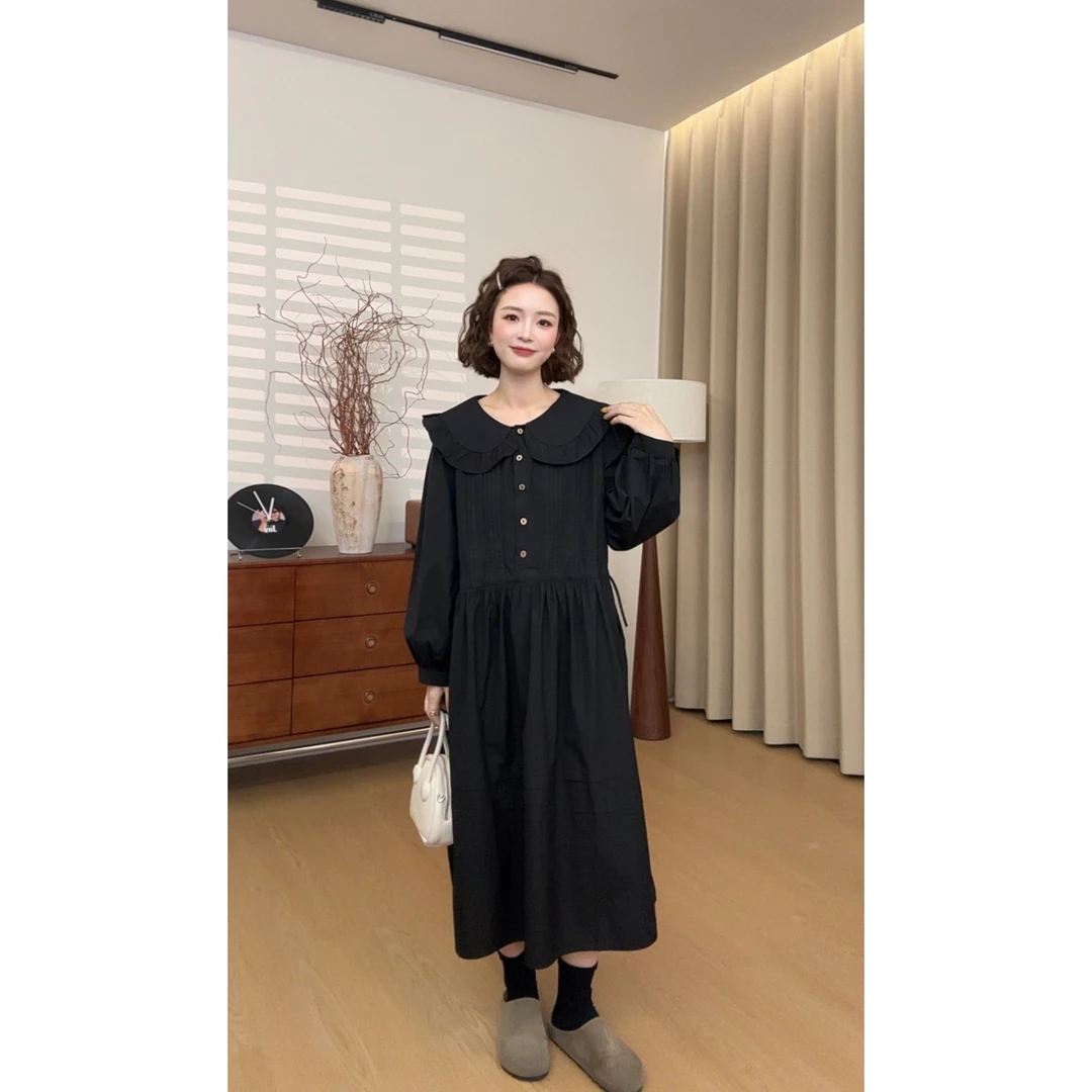 【张小九】娃娃领单排扣宽松显瘦带收腰中长款连衣裙Z1993
