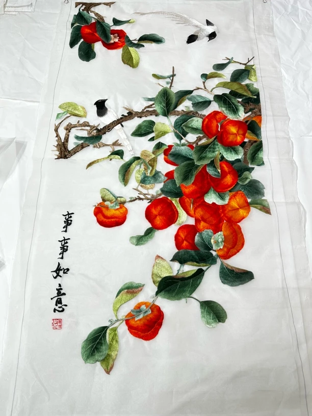 纯手工刺绣事事如意图玄关竖版挂画居家装饰挂画绣片