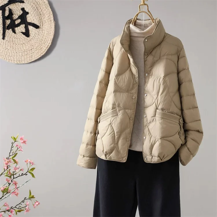 冬季轻薄立领女简约时尚单排扣休闲百搭宽松显瘦气质短款羽绒外套