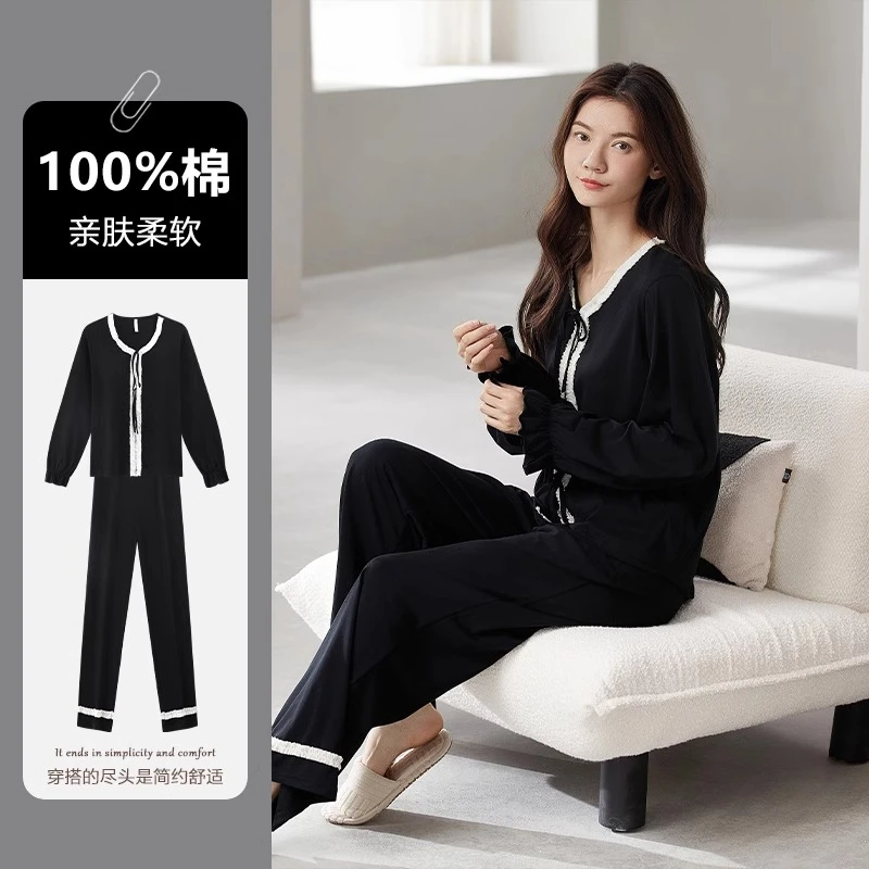 新款睡衣女春秋冬季纯棉长袖简约黑色显瘦时尚可外穿家居服套装