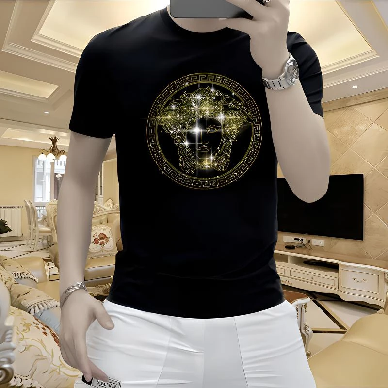 欧货男士新款烫钻时尚百搭夏季透气潮流修身圆领休闲冰丝短袖T恤