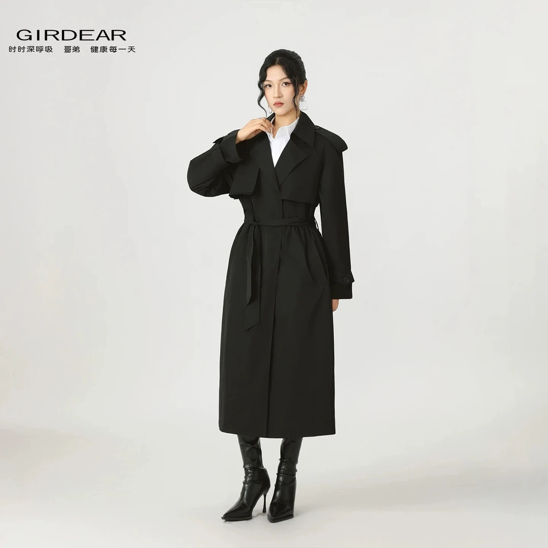 GIRDEAR/哥弟经典束腰翻领宽松轻盈简约百搭气质风衣外套140022