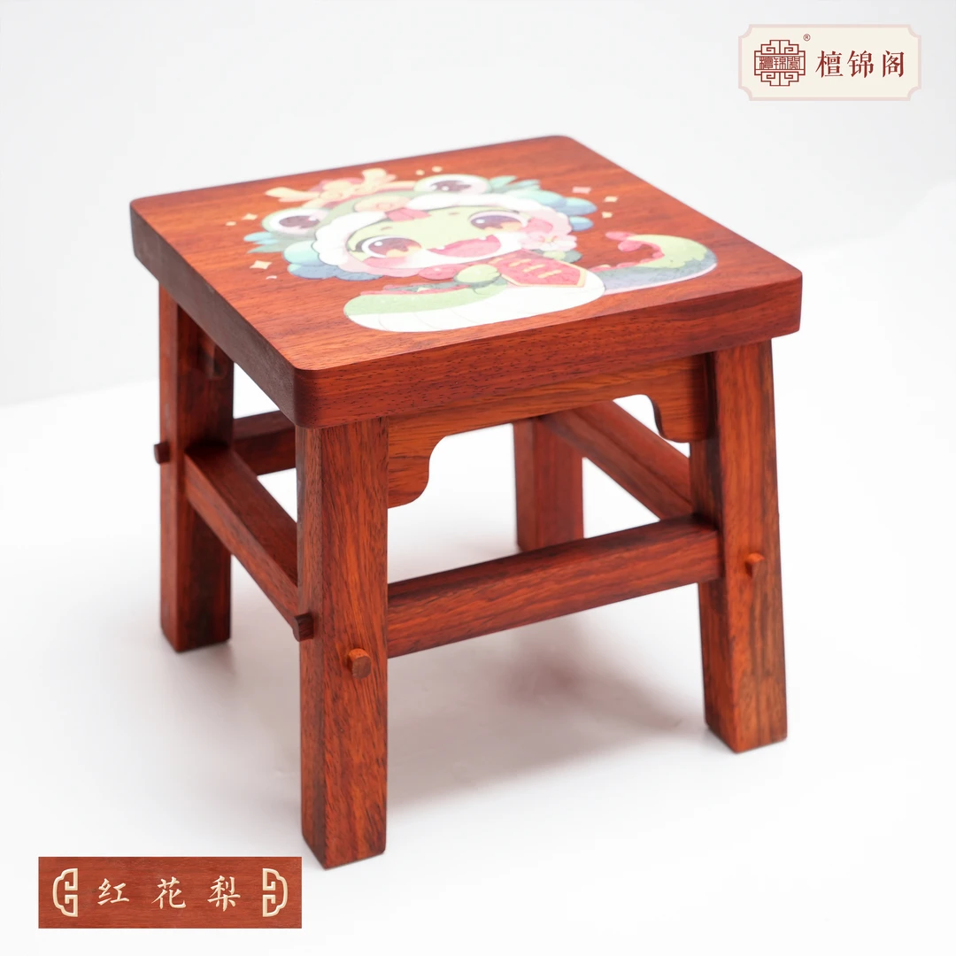 【檀锦阁凳礼】彩绘千斤凳-Q版蛇-桃花-红花梨-241105-1