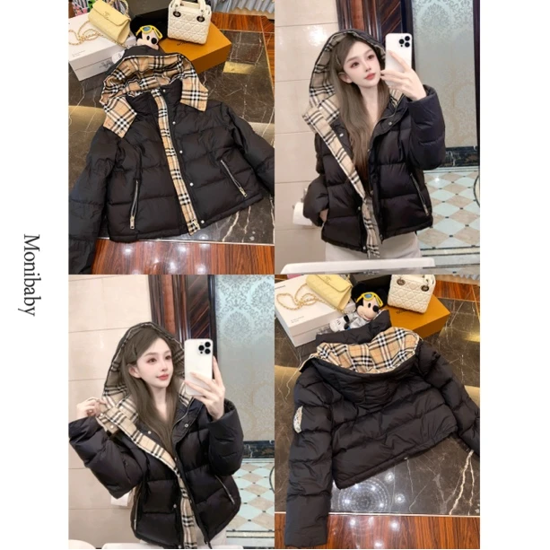 Moni【经典格子2.0】时髦高品质连帽拉链口袋90白鸭绒羽绒服