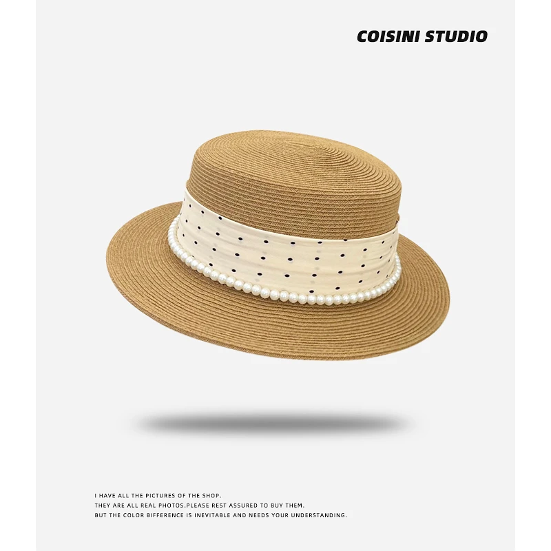 2025新款法式优雅波点珍珠平顶草帽女夏季出游遮阳太阳帽礼帽