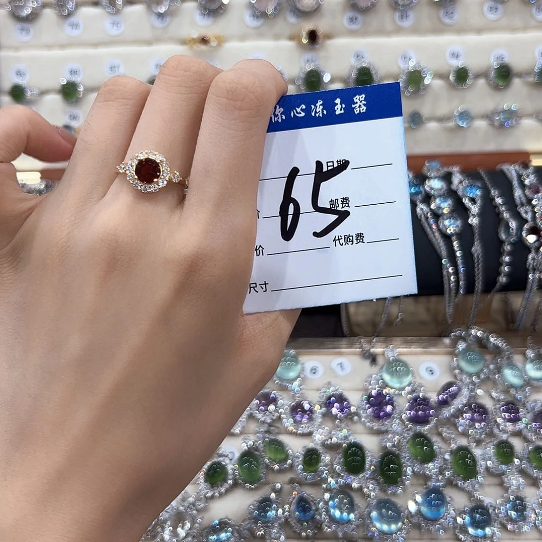 奶***汤石榴石戒指银S925镀金镶嵌
