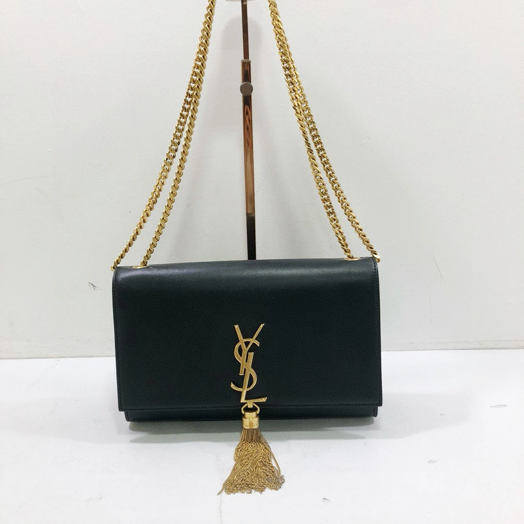 95新 YSL/圣罗兰 全皮黑金流苏链条单肩斜挎包