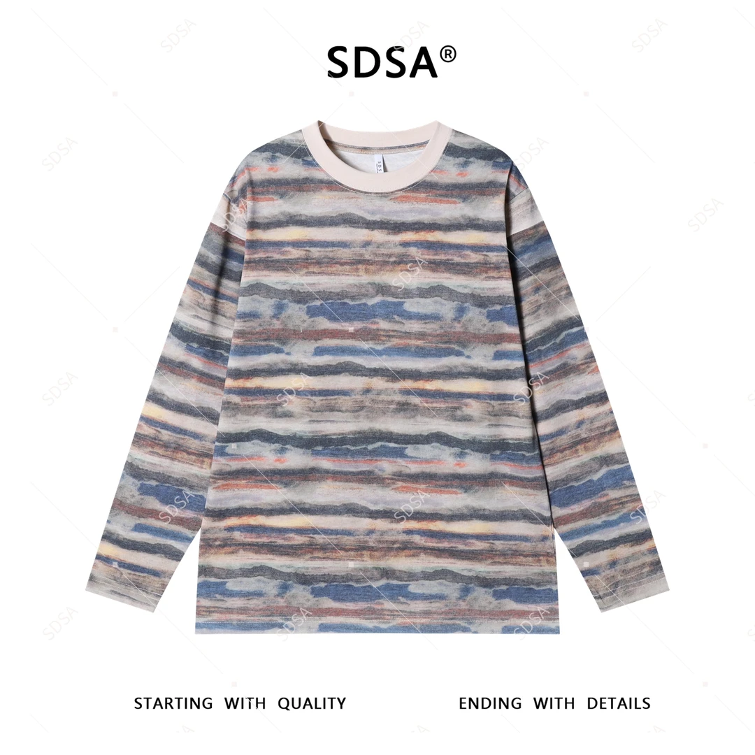 SDSA秋冬新款男士痞帅设计师水墨撞色条纹圆领长袖T恤百搭时尚潮