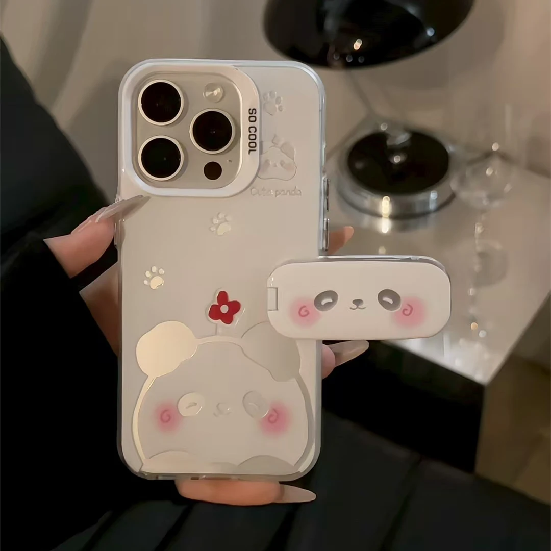 花朵熊猫小猫适用苹果16华为p70vivo小米15oppo磨砂彩银手机壳