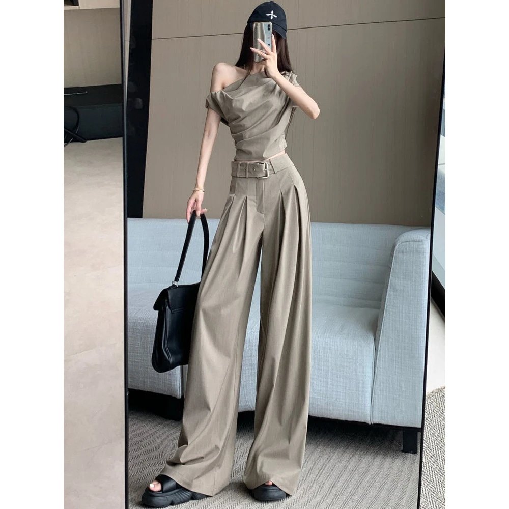 设计感不规则斜肩上衣+休闲阔腿裤女士两件套气质百搭夏季一整套