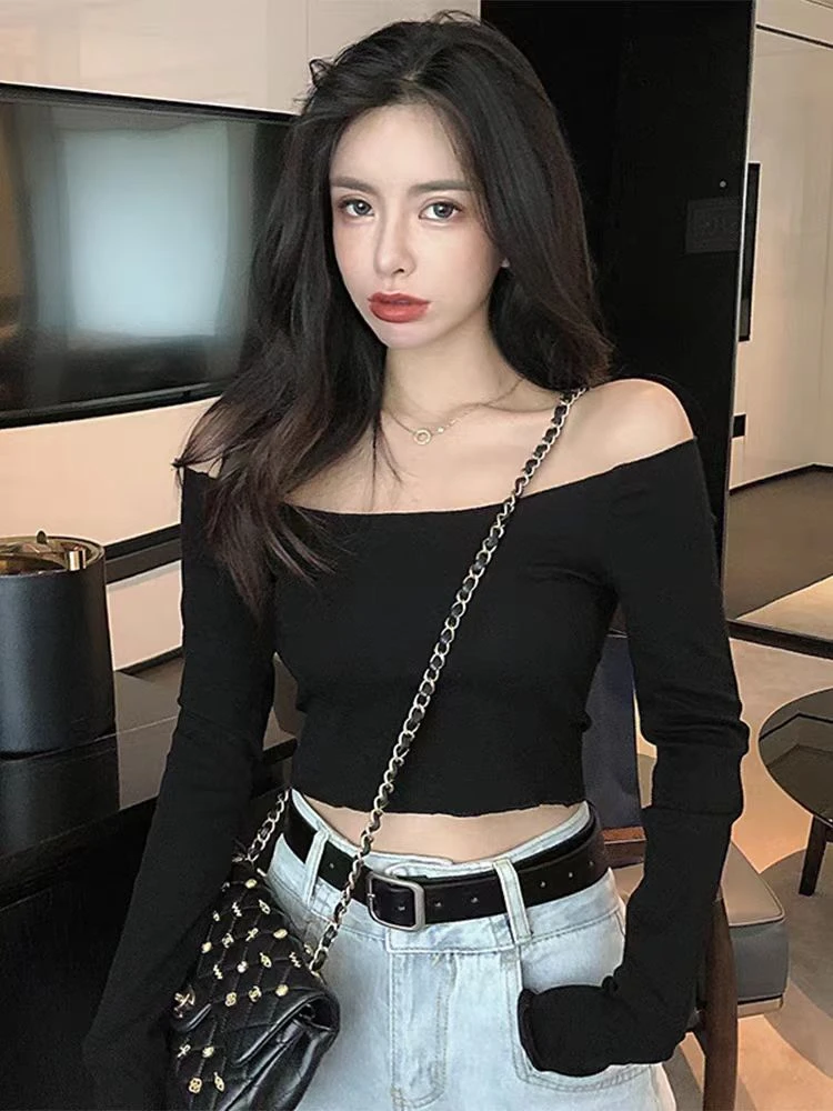 SY015#一字肩露肩长袖针织衫春夏新款性感辣妹短款T恤小上衣