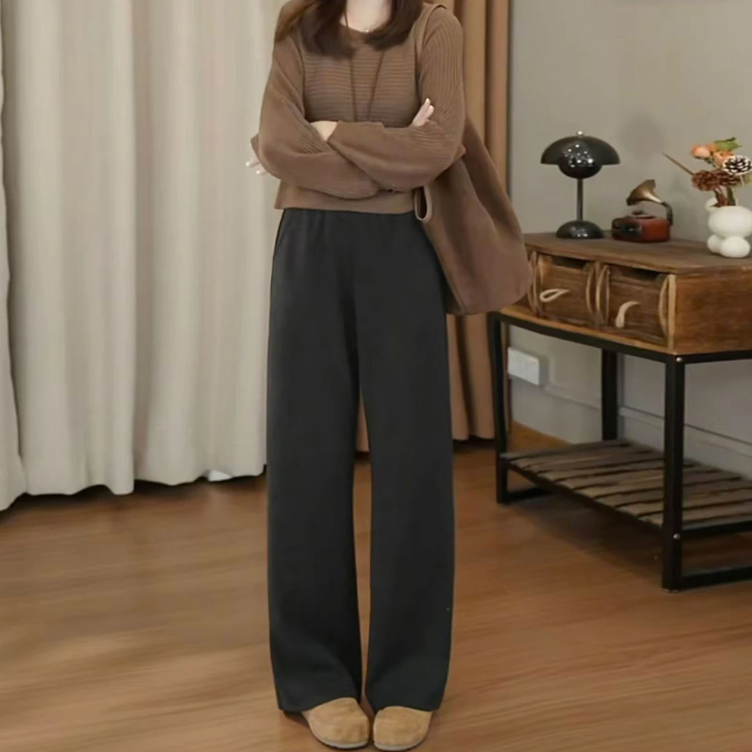 黑色糯米裤女小个子直筒裤秋冬加绒2025新款高腰垂感阔腿休闲裤子