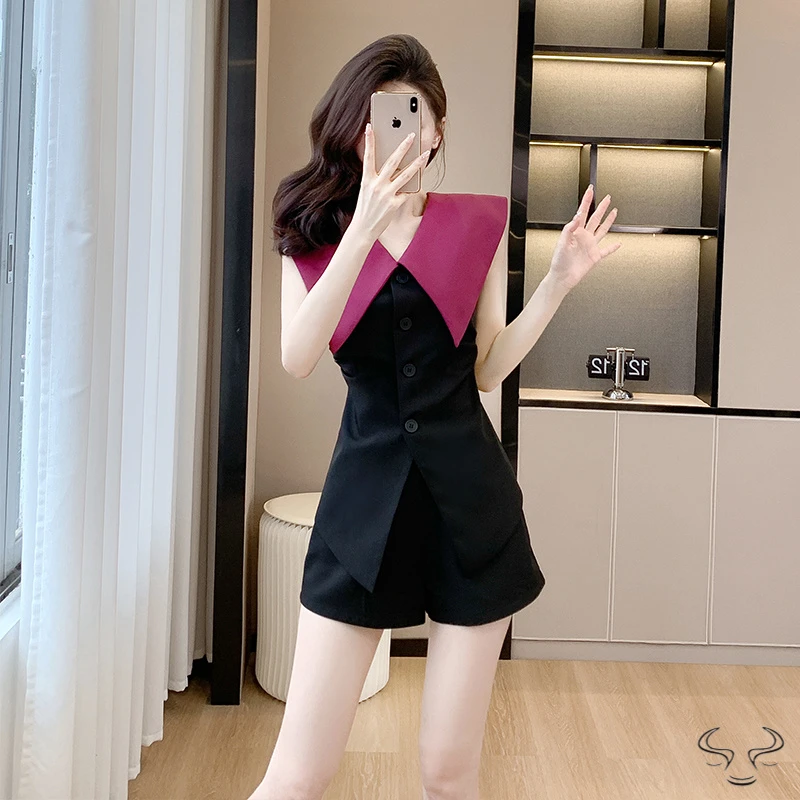 2025设计感时尚女夏海军领收腰上衣高腰阔腿短裤气质91