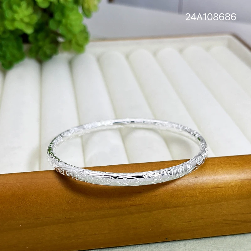 足银手镯 足银999.9吉言闭口手镯女款镯子手工精美经典实心时尚