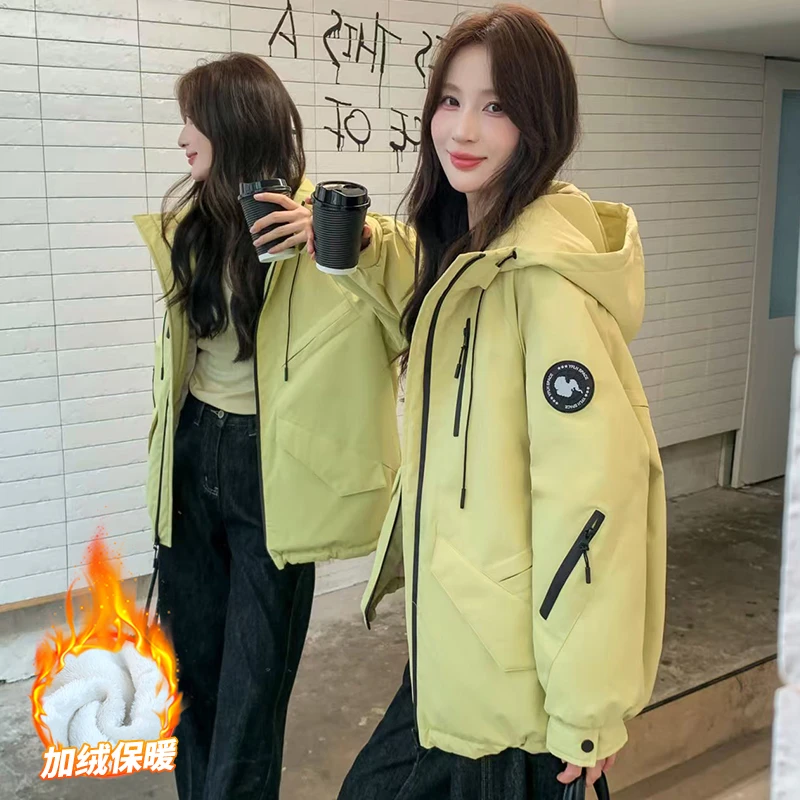 宽松型工装风中长款直下摆派克服女连帽秋冬长袖厚款加绒冲锋衣女