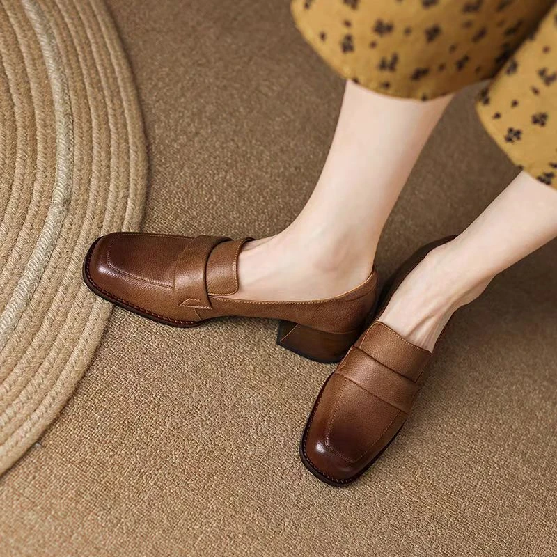 复古英伦擦色女鞋单鞋轻便粗跟舒适一脚蹬乐福鞋H201