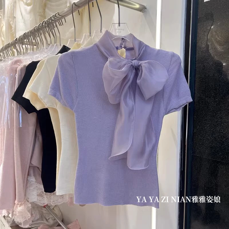 紫色蝴蝶结正肩短袖针织T恤2025夏法式小香风气质修身设计感上衣