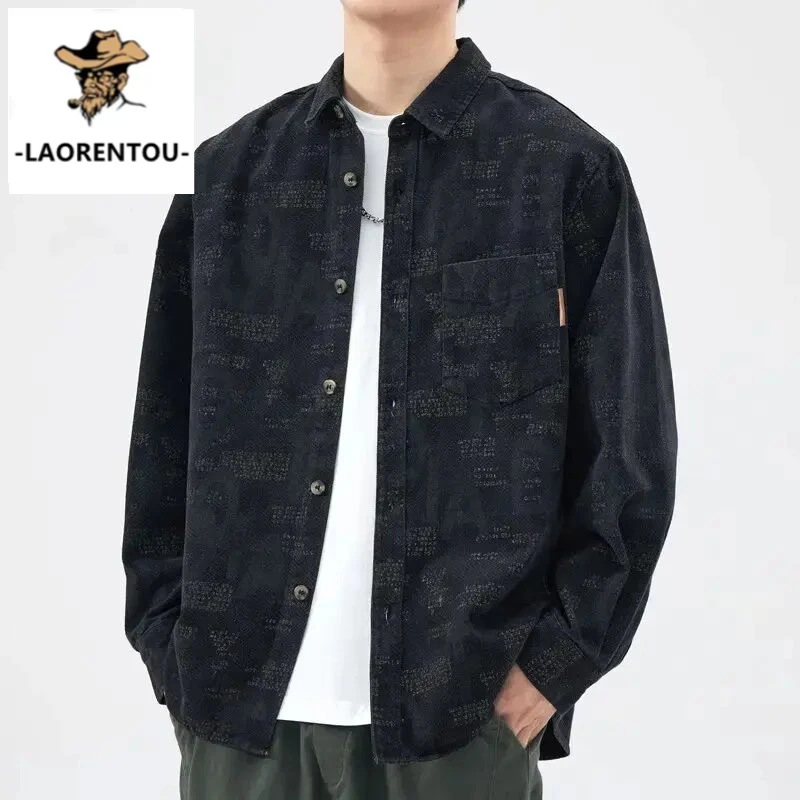 LAORENTOU春秋款男士衬衫2025潮牌宽松长袖衬衣百搭印花休闲外套
