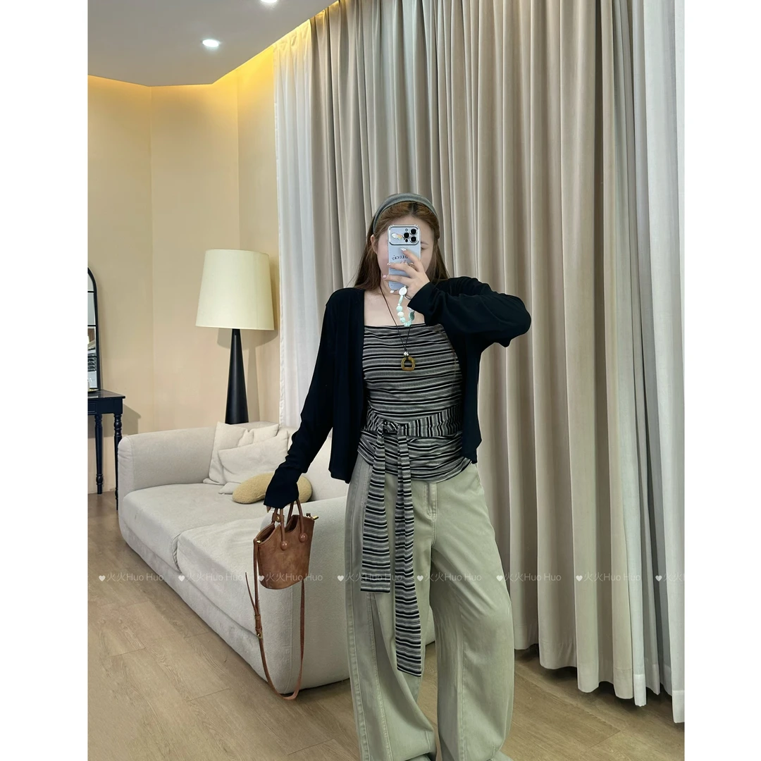 胖MM纯欲高级感条纹针织衫夏季吊带上衣设计感百搭显瘦外披两件套
