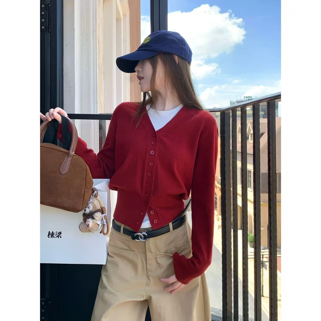 【织风私语】美式复古潮小众红色毛衣针织开衫女V领毛衫外套H331