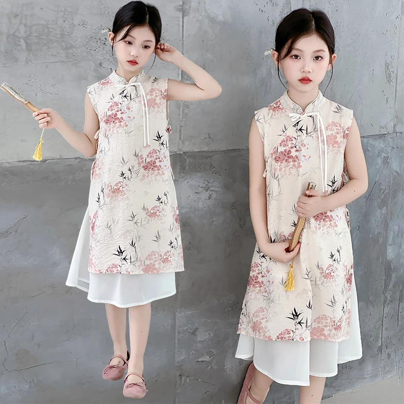 女童连衣裙2025夏季新款儿童新中式国风旗袍裙大童无袖假两件裙子