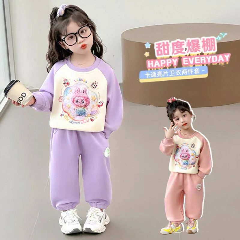 儿童秋款套装女童卡通印花亮片插肩袖卫衣酷闪闪亮灯卫裤两件套潮