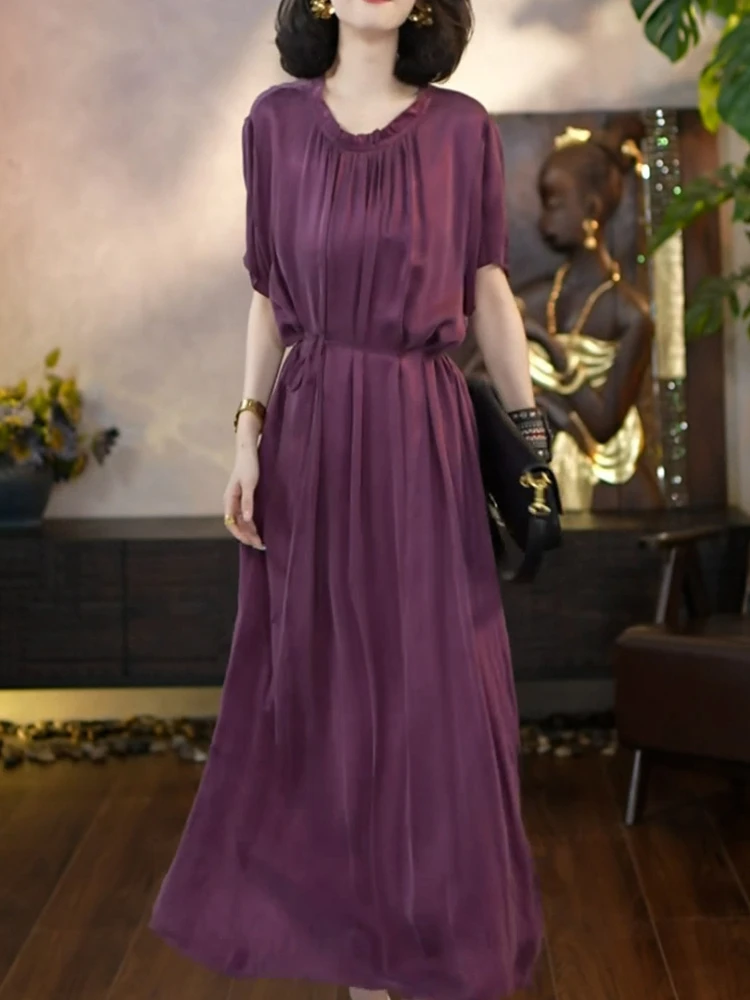 优雅名媛风纯色短袖连衣裙女2025夏季新款时尚洋气休闲圆领A字裙