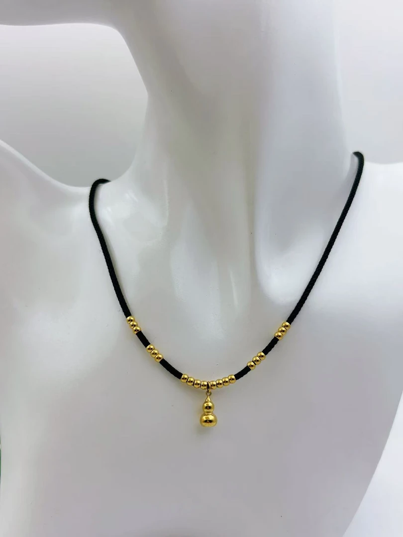 钛钢布艺项链 【Kiss娜】钛钢4352编织黑绳珠珠葫芦项链