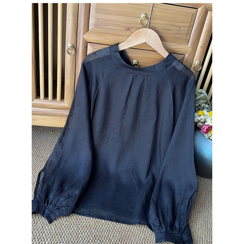 夏季麻料小衫两穿宽松长袖休闲百搭文艺纯色设计感