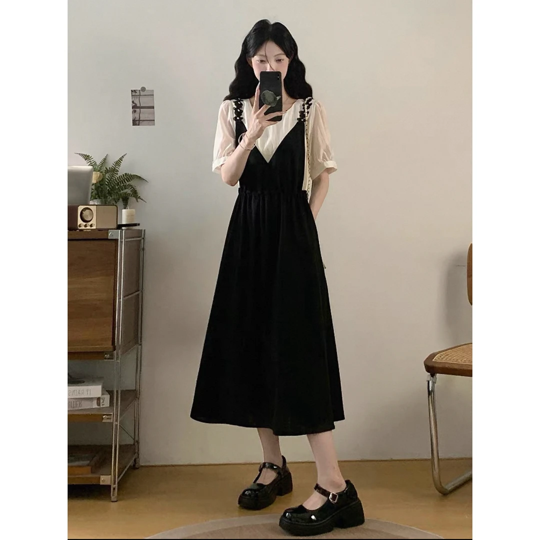 (80-200斤)假两件黑色连衣裙女2025夏季大码胖mm别致长裙子1902